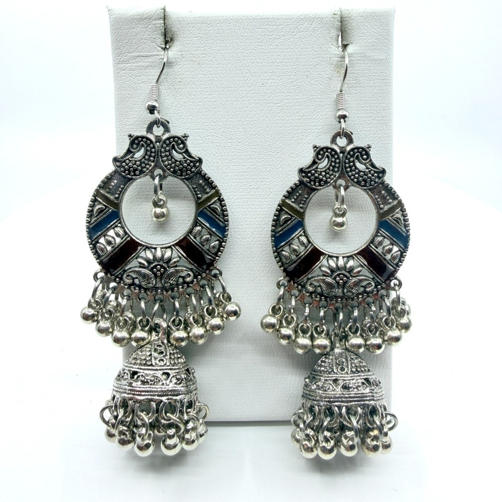 Vintage Boho Oxidized Silver Jhumka Peacock Chandelier Dangle Earrings
